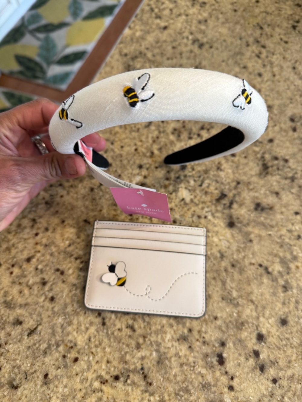 kate spade ♠️ cream bee 🐝 -embroidered padded headband and vegan leather set NWT